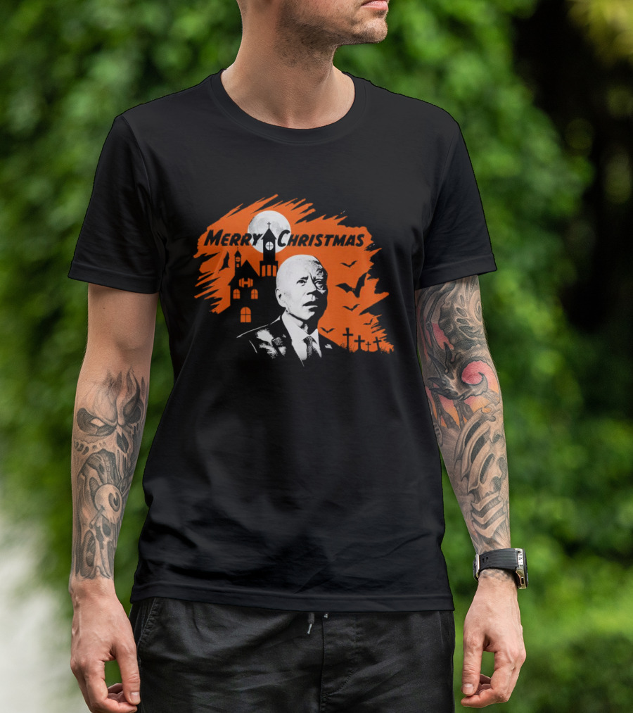 Biden Merry Christmas Halloween Haunted Church Graveyard Bats Orange Moon T-Shirt