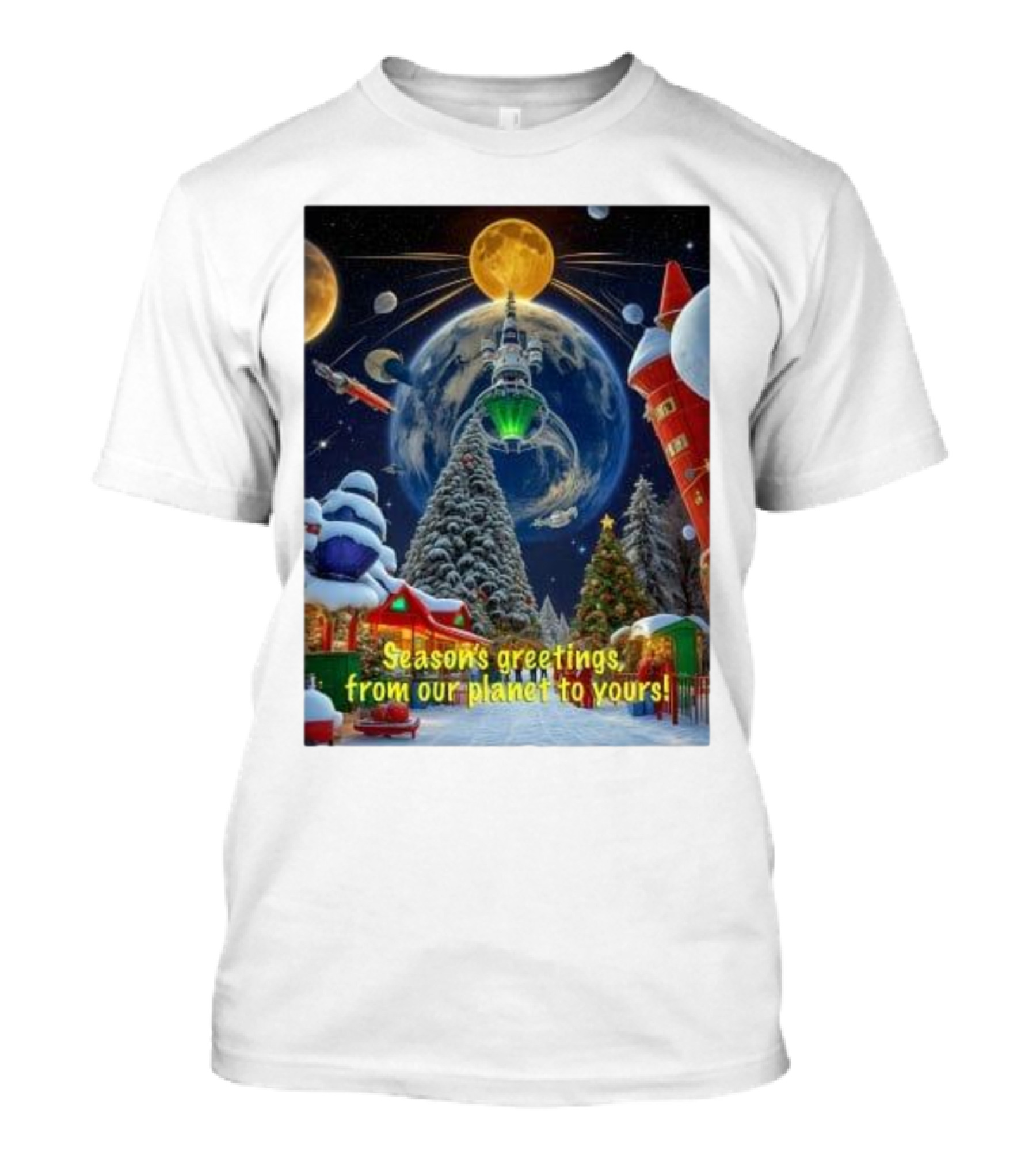 Season’s Greetings From Our Planet To Yours Christmas Scene With Snowy Trees And Space Elements T-Shirt