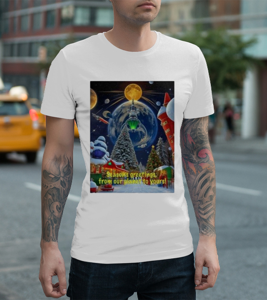 Season’s Greetings From Our Planet To Yours Christmas Scene With Snowy Trees And Space Elements T-Shirt