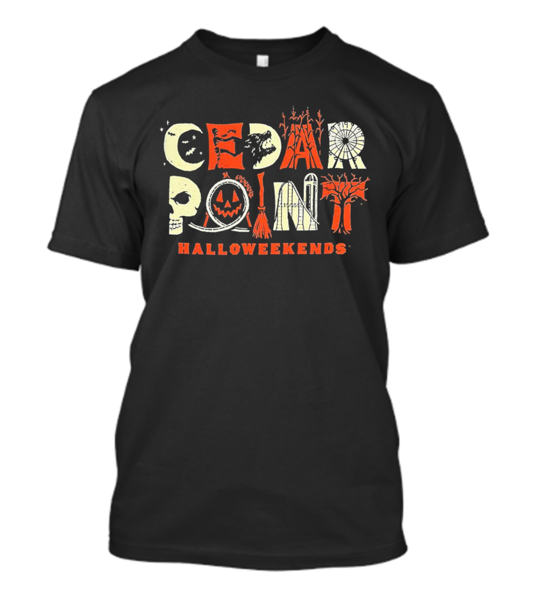 Cedar Point Halloweekends Halloween Spooky Skull Pumpkin Broomstick Haunted Tree T-Shirt