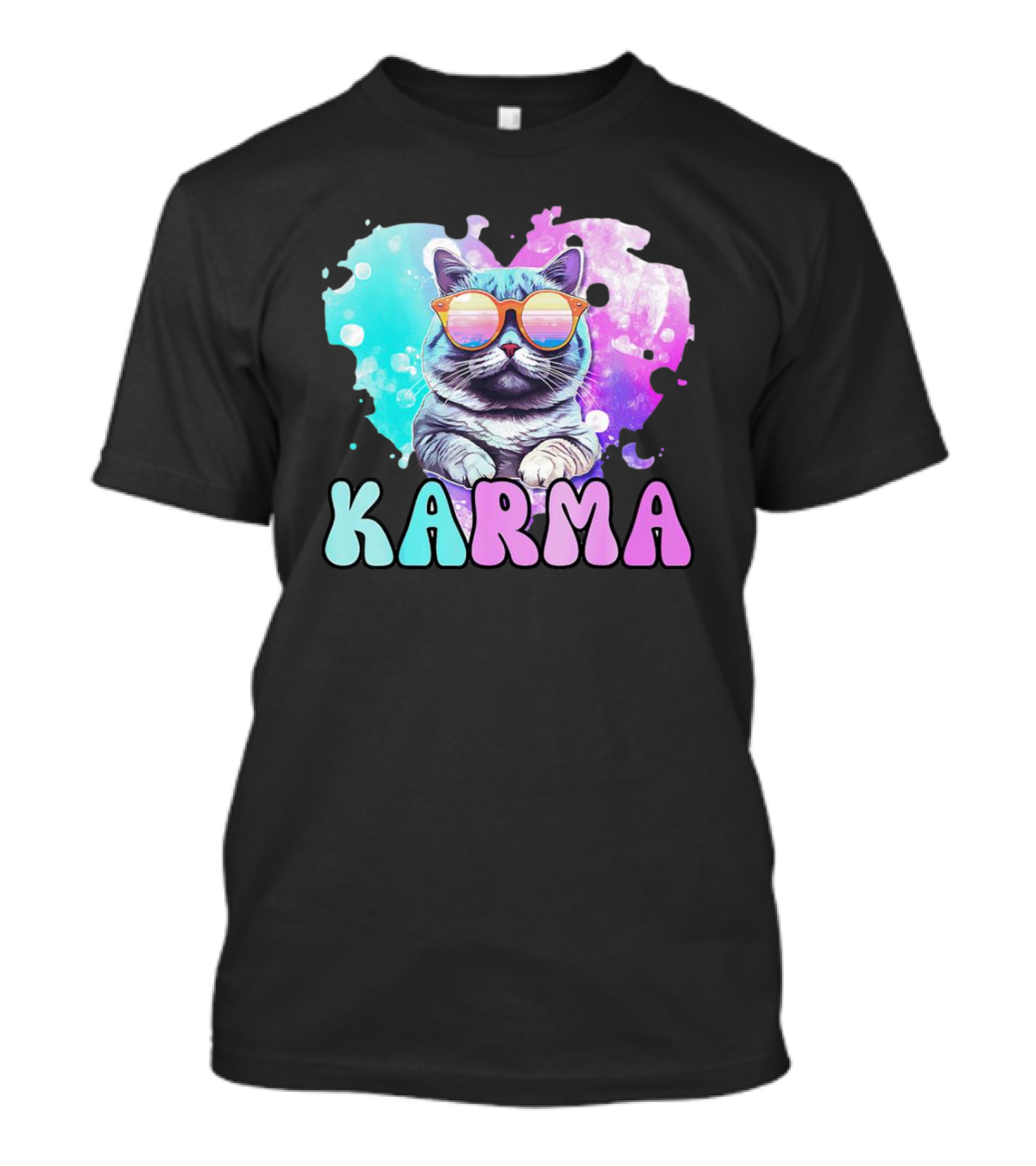 Karma Cat In Sunglasses With Heart-Shaped Watercolor Background T-Shirt