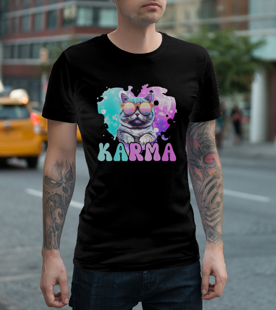 Karma Cat In Sunglasses With Heart-Shaped Watercolor Background T-Shirt