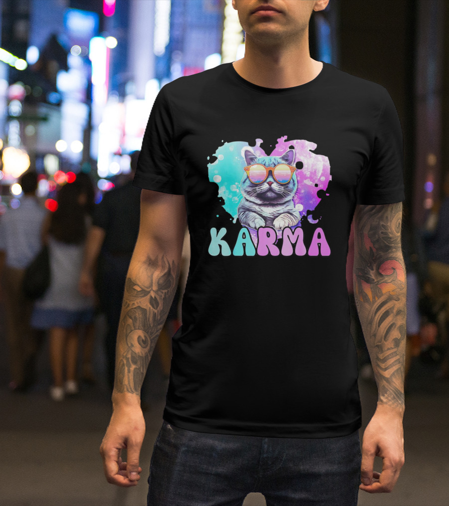 Karma Cat In Sunglasses With Heart-Shaped Watercolor Background T-Shirt