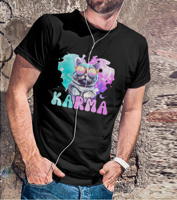 Karma Cat In Sunglasses With Heart-Shaped Watercolor Background T-Shirt