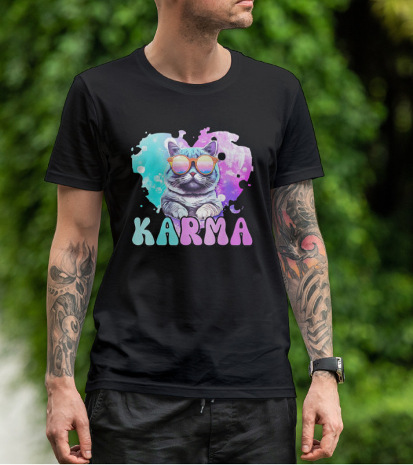 Karma Cat In Sunglasses With Heart-Shaped Watercolor Background T-Shirt