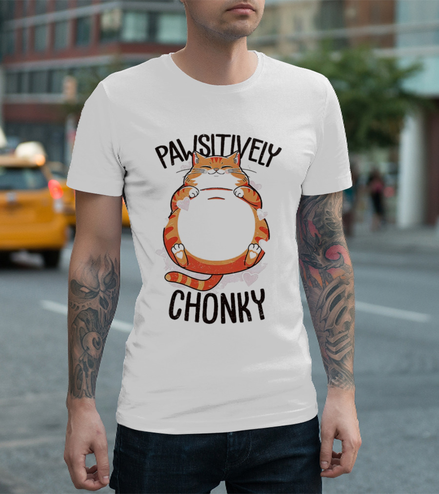 Pawsitively Chonky Cat with Hearts and Smiling Orange Tabby T-Shirt