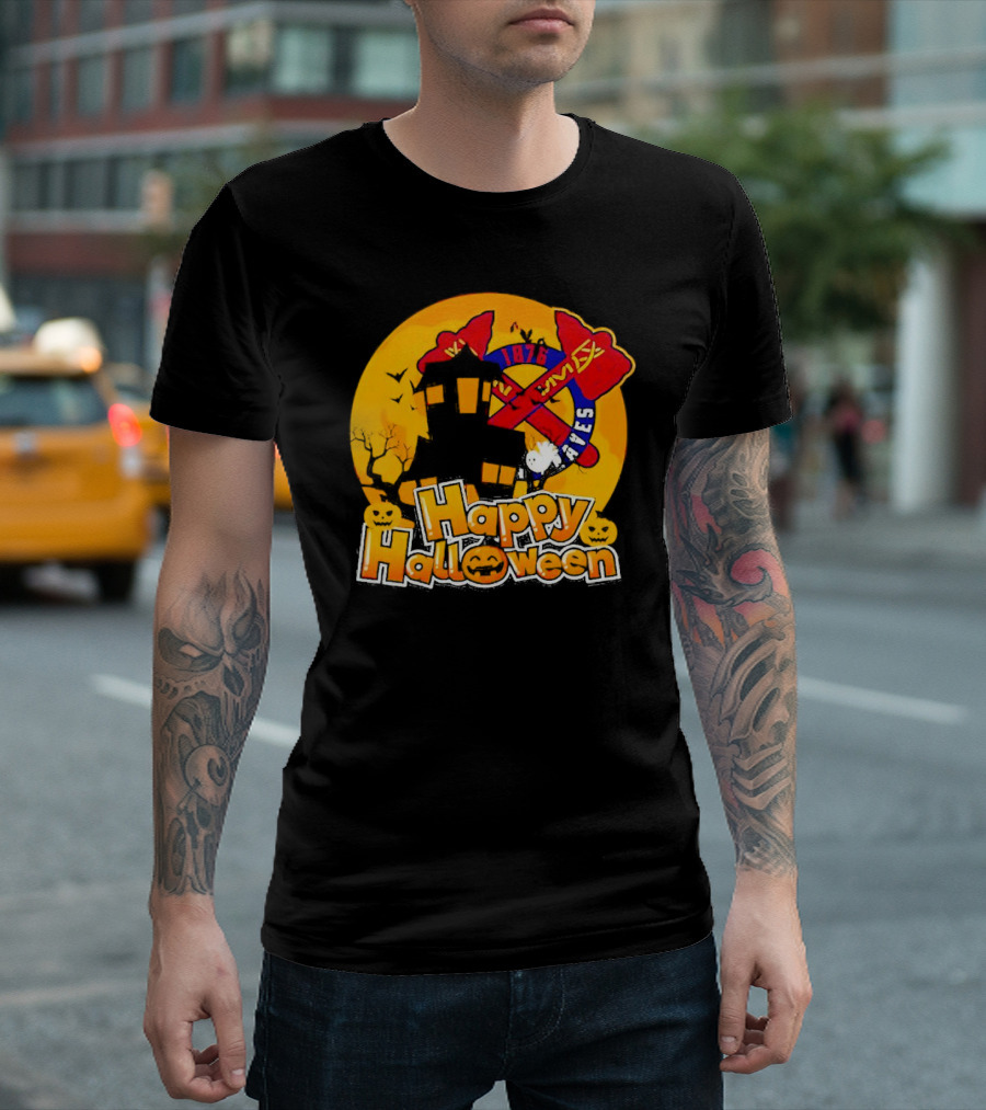 Atlanta Braves 1876 Happy Halloween Haunted House Pumpkins Bats T-Shirt