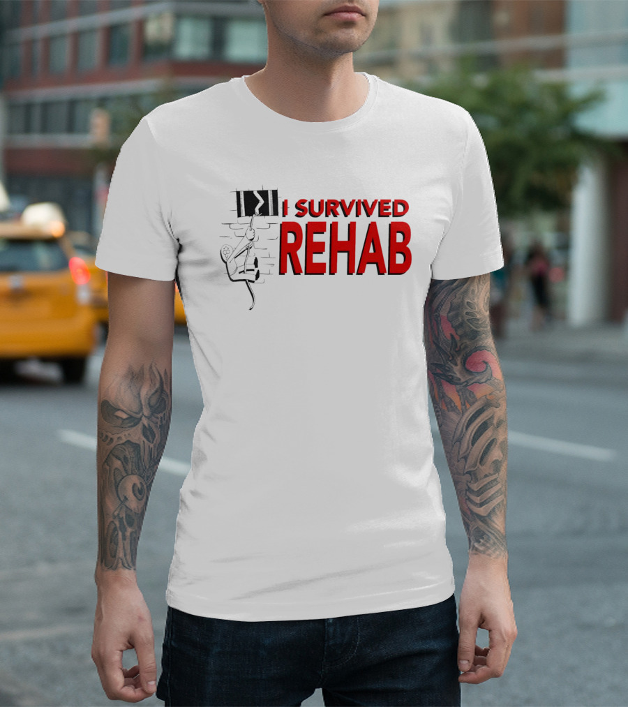I Survived Rehab Red Text with Climbing Wall Background T-Shirt