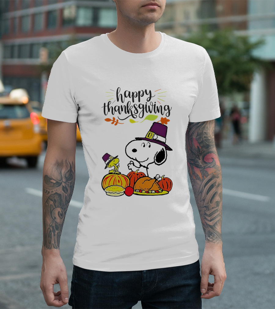 Thanksgiving Snoopy and Woodstock with Pilgrim Hats Feast T-Shirt