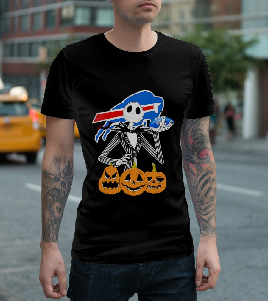 Buffalo Bills Jack Skellington Holding Football Halloween Pumpkins T-Shirt