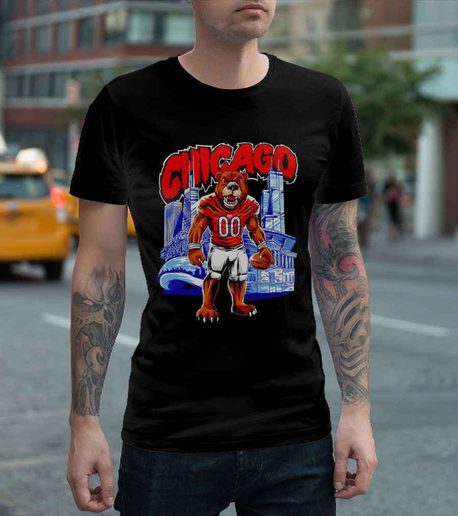 Chicago Bears Mascot Cartoon with City Skyline T-Shirt