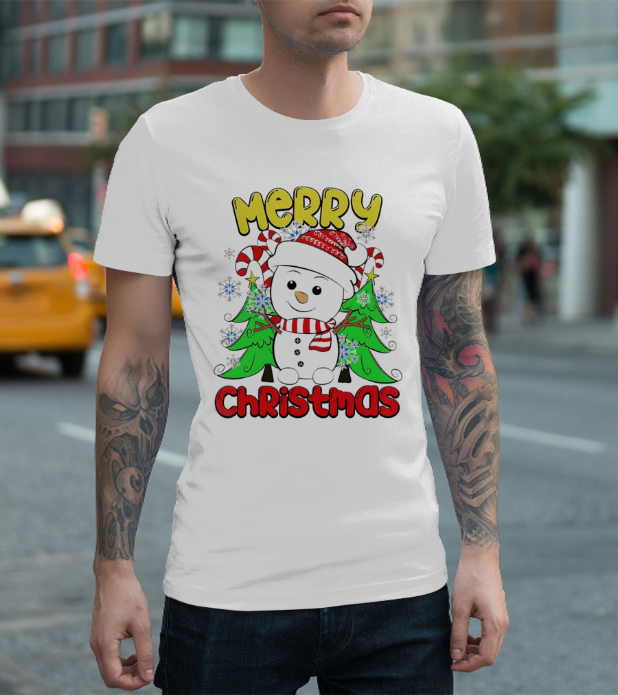 Merry Christmas Snowman With Candy Canes And Snowflakes T-Shirt