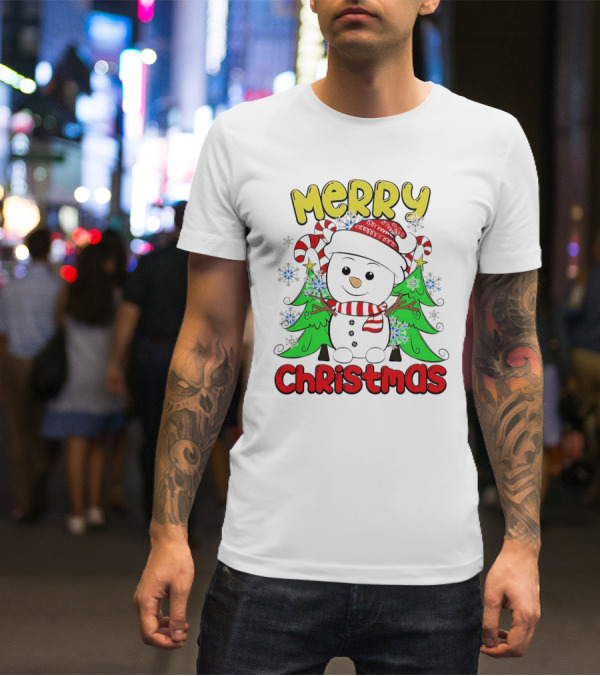 Merry Christmas Snowman With Candy Canes And Snowflakes T-Shirt