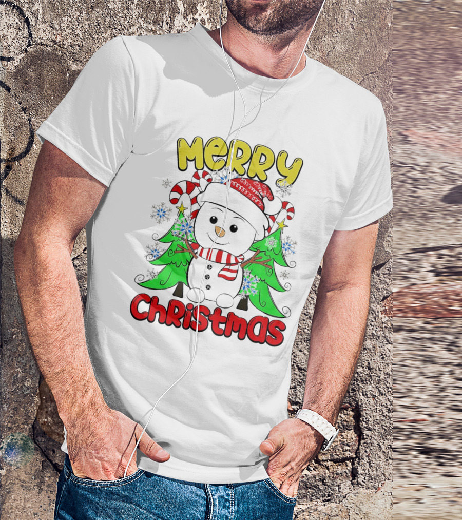 Merry Christmas Snowman With Candy Canes And Snowflakes T-Shirt