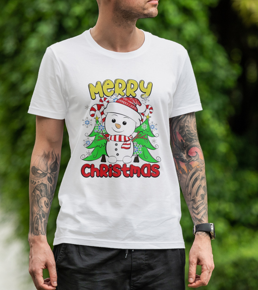 Merry Christmas Snowman With Candy Canes And Snowflakes T-Shirt