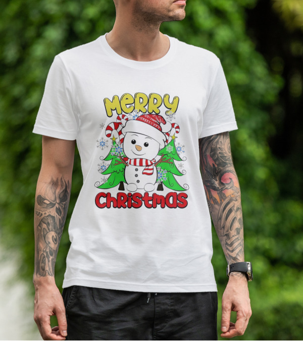 Merry Christmas Snowman With Candy Canes And Snowflakes T-Shirt