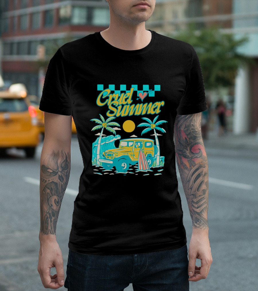 Cruel Summer Beach Vintage Jeep Palm Trees Retro Sun Wave Heart T-Shirt