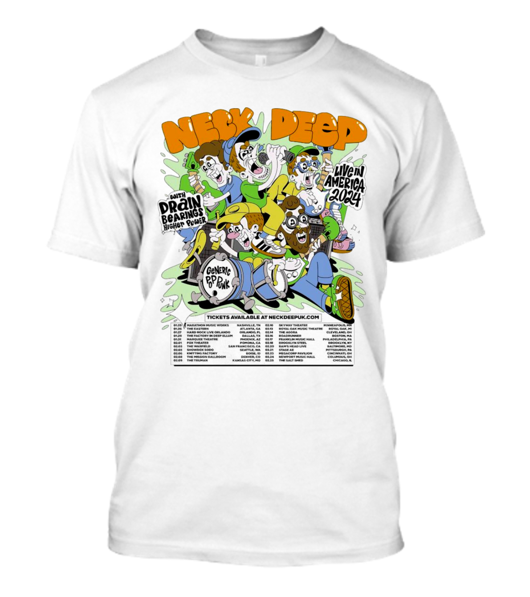 Neck Deep Live In America 2024 With Drain Bearings Higher Power Generic Pop Punk Tour Dates T-Shirt