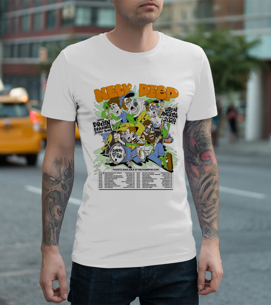 Neck Deep Live In America 2024 With Drain Bearings Higher Power Generic Pop Punk Tour Dates T-Shirt