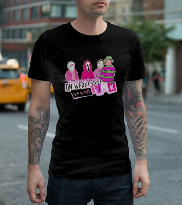 On Wednesdays We Wear Pink Horror Movie Characters Halloween Dinner Scene T-Shirt