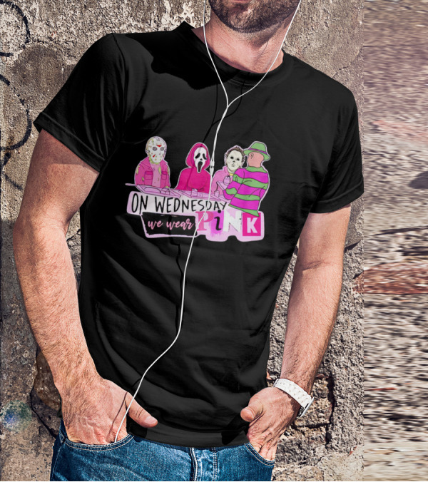 On Wednesdays We Wear Pink Horror Movie Characters Halloween Dinner Scene T-Shirt