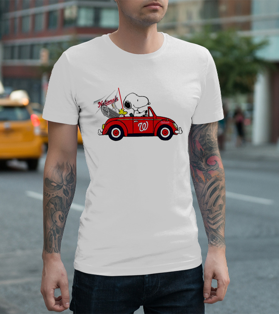 Snoopy and Woodstock in Red Car with Washington Nationals Flag T-Shirt