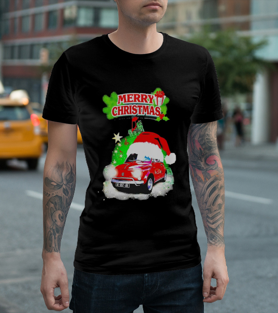 Merry Christmas Red Fiat 500 With Santa Hat And Green Background T-Shirt