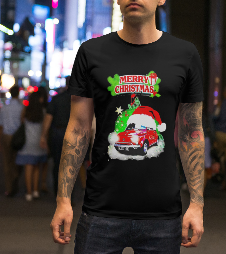 Merry Christmas Red Fiat 500 With Santa Hat And Green Background T-Shirt