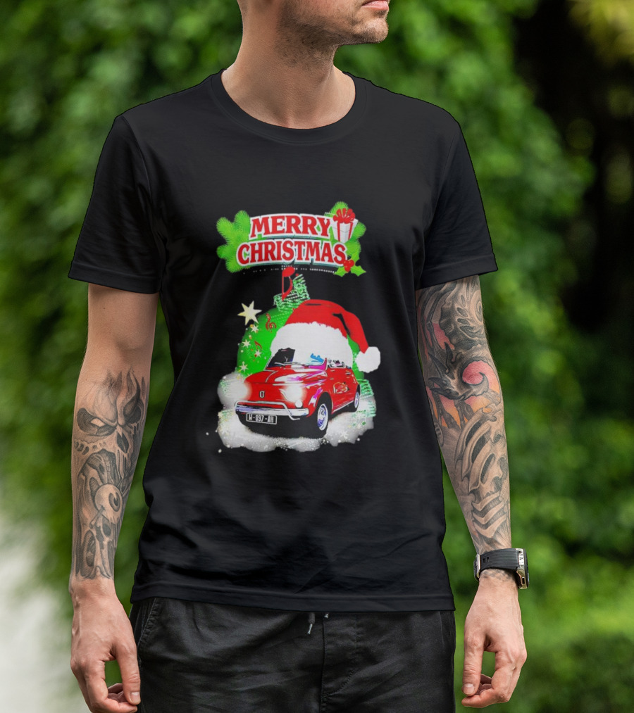 Merry Christmas Red Fiat 500 With Santa Hat And Green Background T-Shirt