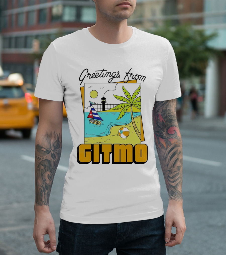 Greetings From Gitmo Beach Scene With Sailboat And Palm Tree T-Shirt