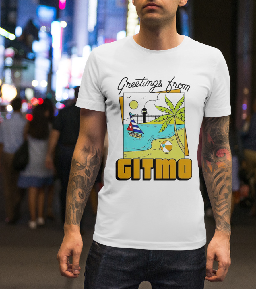 Greetings From Gitmo Beach Scene With Sailboat And Palm Tree T-Shirt