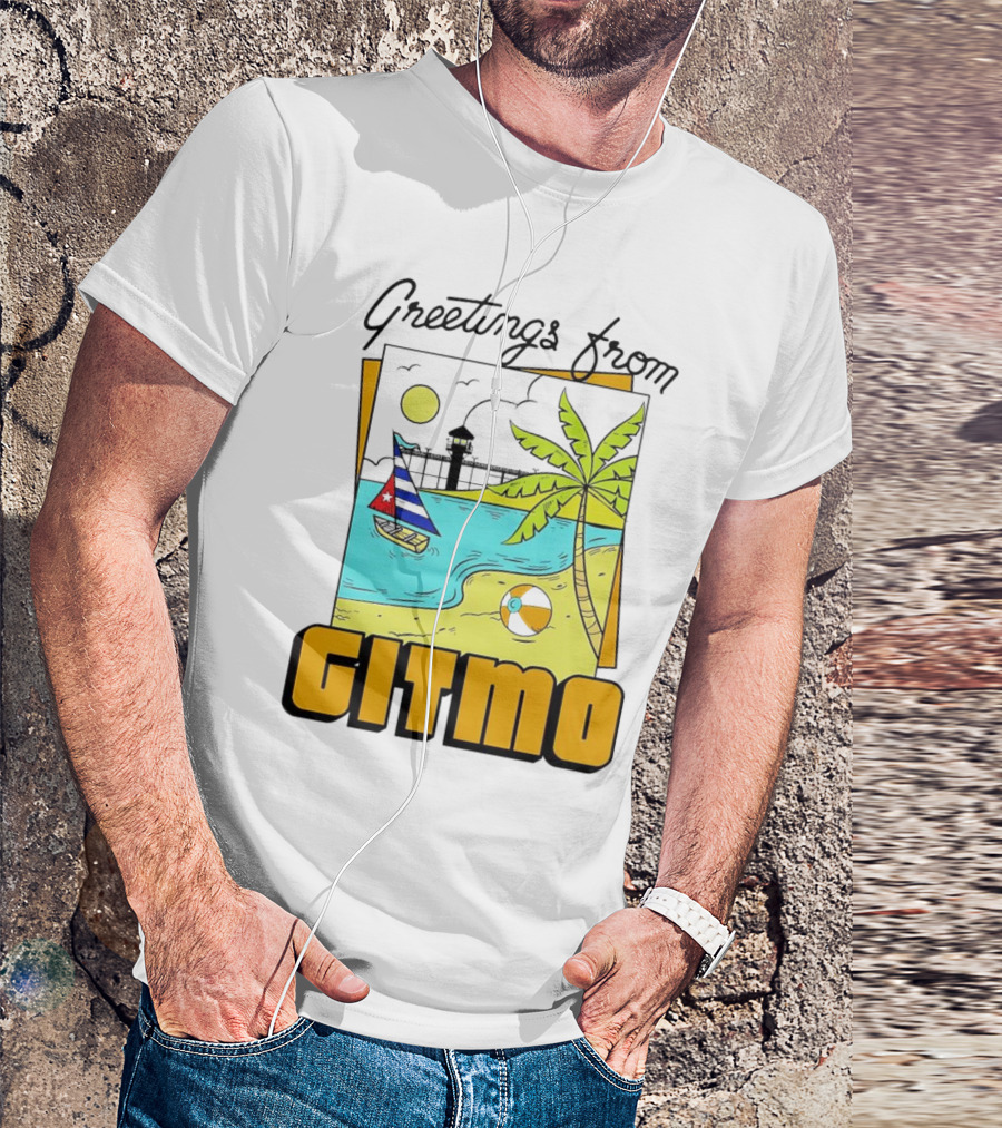 Greetings From Gitmo Beach Scene With Sailboat And Palm Tree T-Shirt