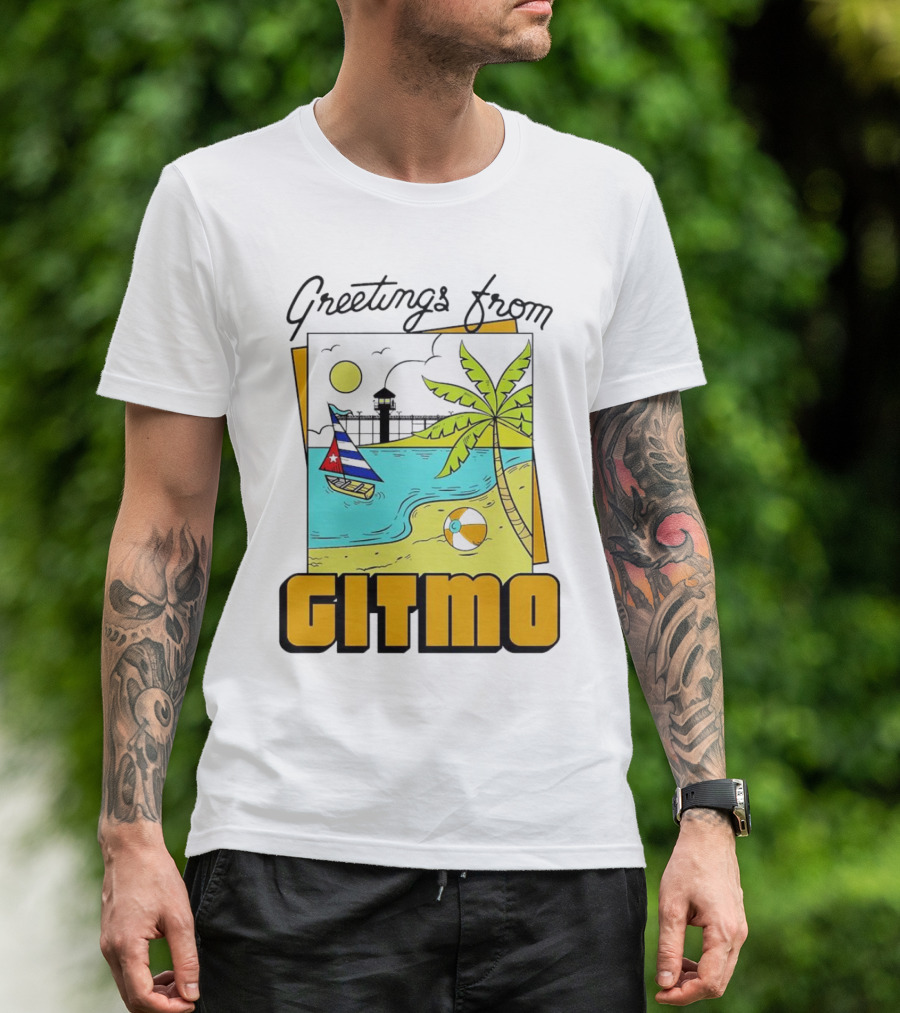 Greetings From Gitmo Beach Scene With Sailboat And Palm Tree T-Shirt