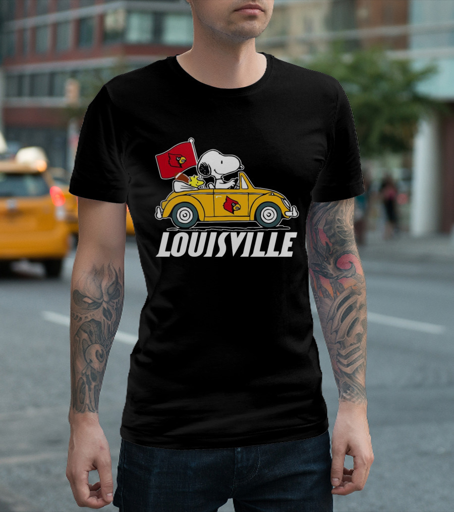 Snoopy and Woodstock Driving Louisville Cardinals Car T-Shirt