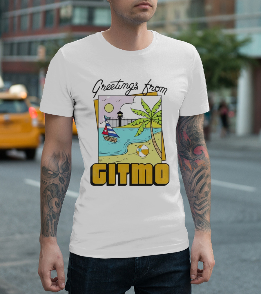 Greetings from Gitmo Palm Beach Scene with Sailboat and Volleyball T-Shirt