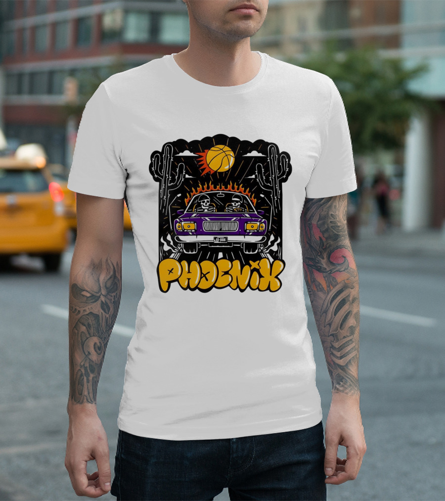 Phoenix Suns Skeletons Driving Under Basketball Sun T-Shirt