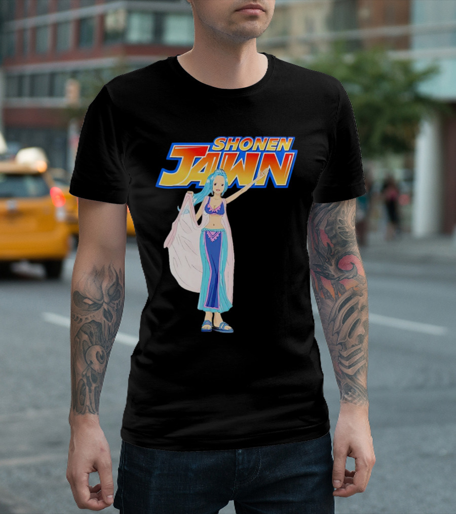SHONEN JAWN Anime Style Blue-Haired Character with Draped Robe T-Shirt