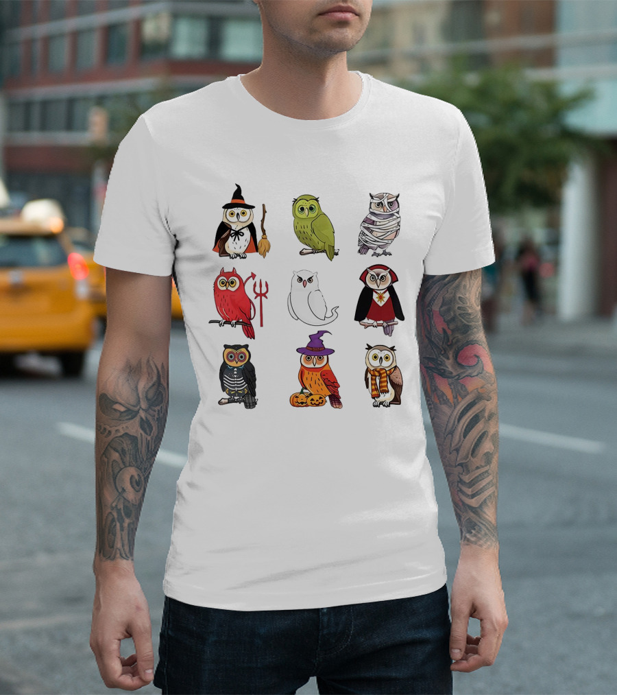 Cute Owls Halloween Witch Mummy Devil Skeleton Vampire Pumpkin Scarf T-Shirt
