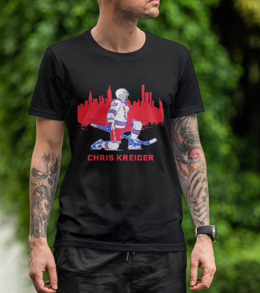 Chris Kreider New York Rangers Skyline Kneeling Hockey Player T-Shirt