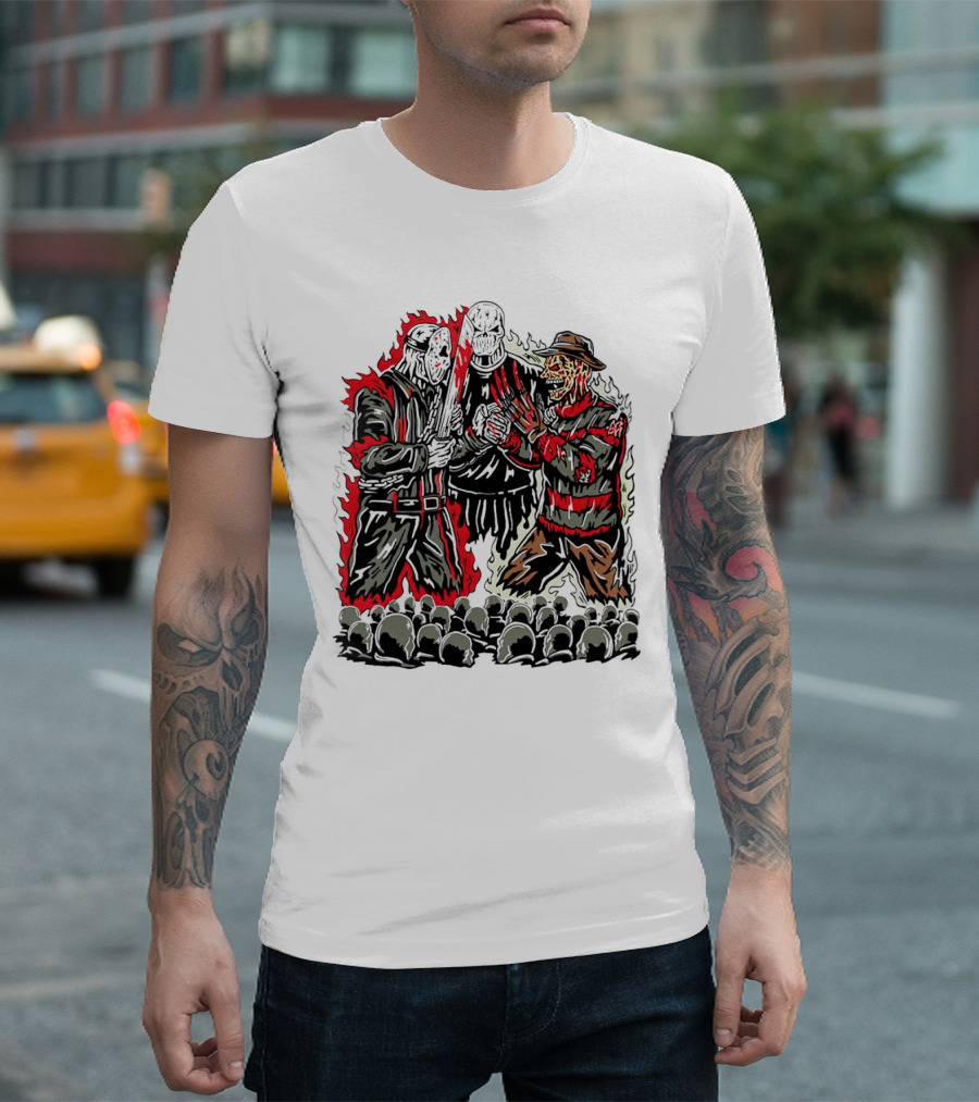 Violent Face Off Horror Movie Characters Freddy Krueger Pyramid Head Crossover T-Shirt