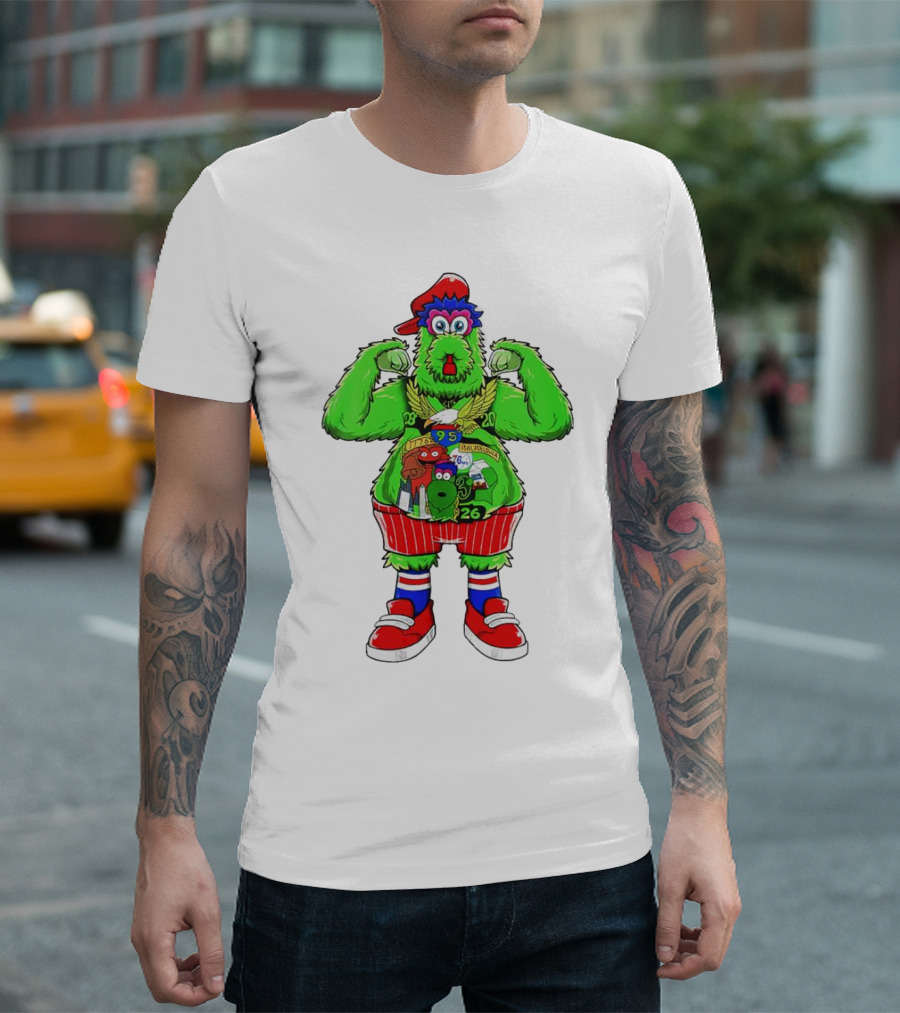 Philly Phanatic Mascots Sporting Red Cap and Sneakers with 1980 2008 1985 1995 2008 Numbers T-Shirt
