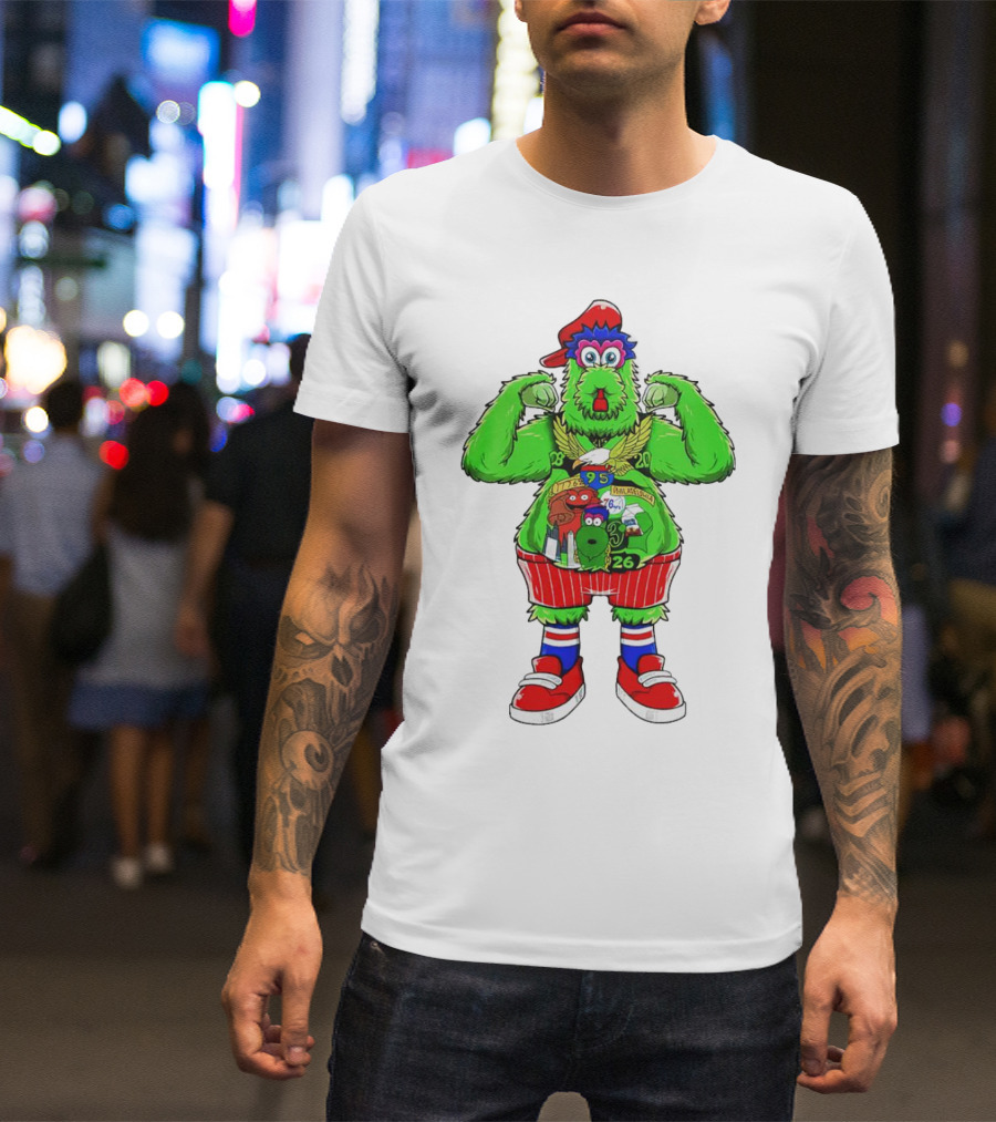 Philly Phanatic Mascots Sporting Red Cap And Sneakers With 1980 2008 1985 1995 2008 Numbers T-Shirt