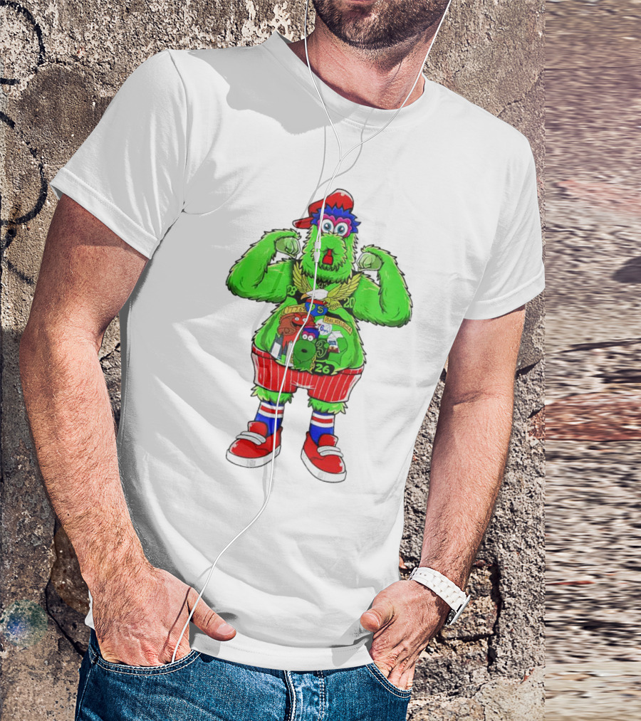 Philly Phanatic Mascots Sporting Red Cap And Sneakers With 1980 2008 1985 1995 2008 Numbers T-Shirt