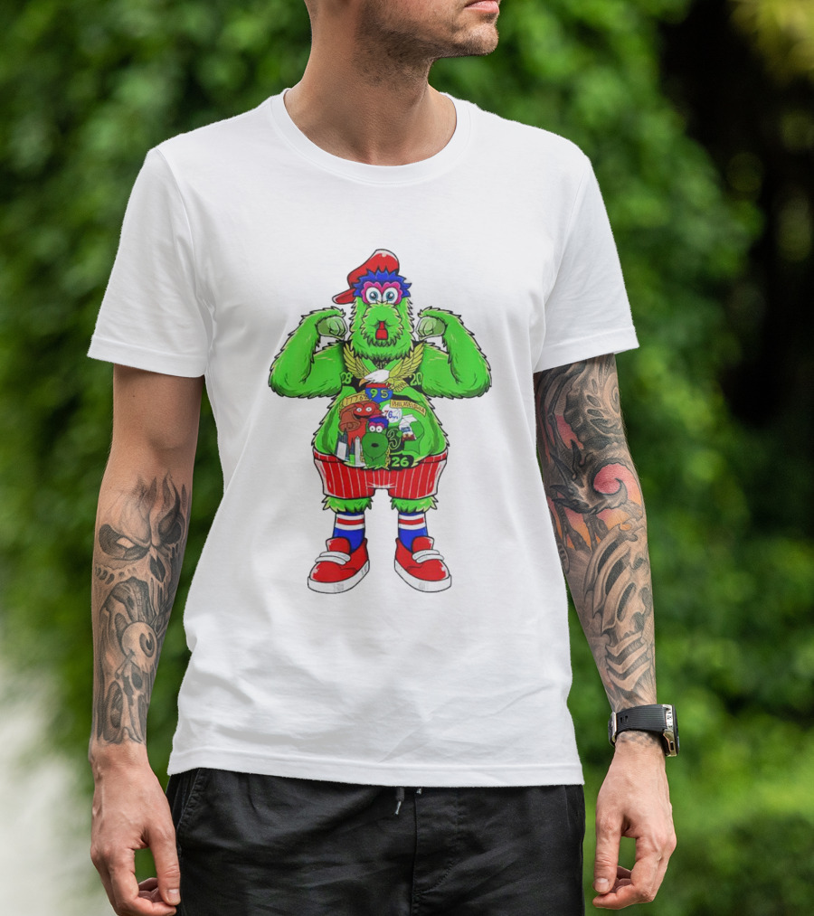 Philly Phanatic Mascots Sporting Red Cap And Sneakers With 1980 2008 1985 1995 2008 Numbers T-Shirt