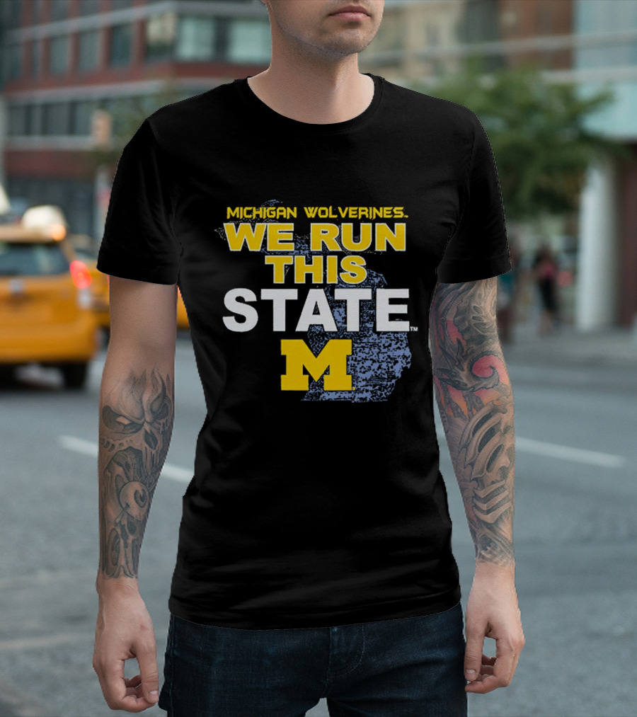 Michigan Wolverines We Run This State M Logo Michigan Map T-Shirt