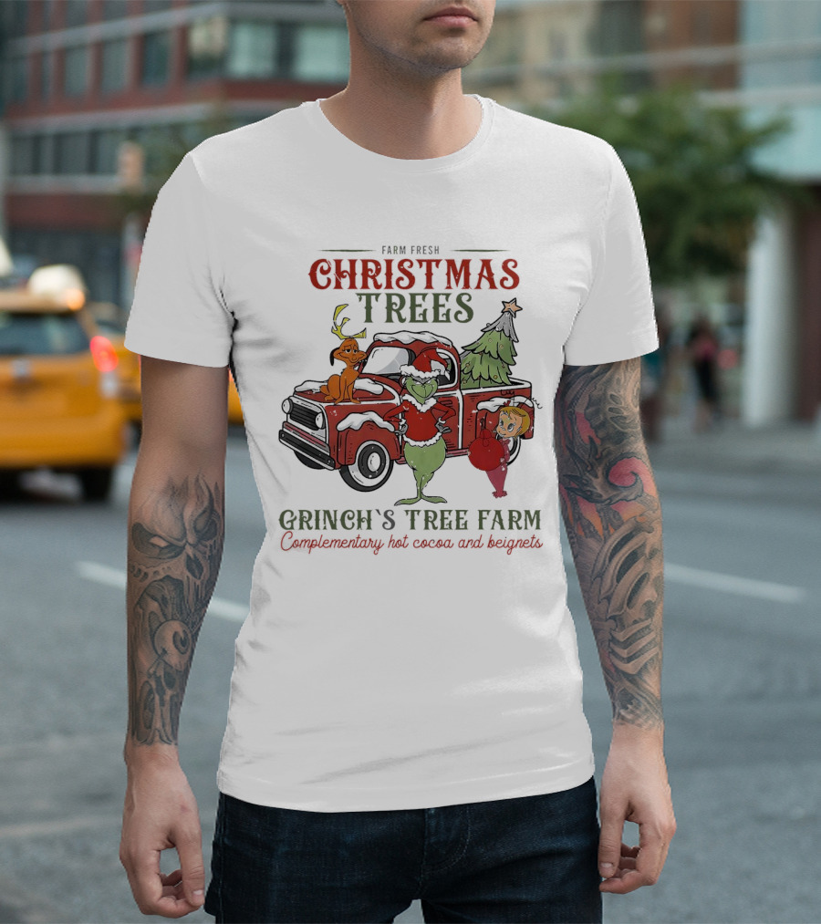 Farm Fresh Christmas Trees Grinch's Tree Farm Complementary Hot Cocoa and Beignets with Red Truck and Max T-Shirt