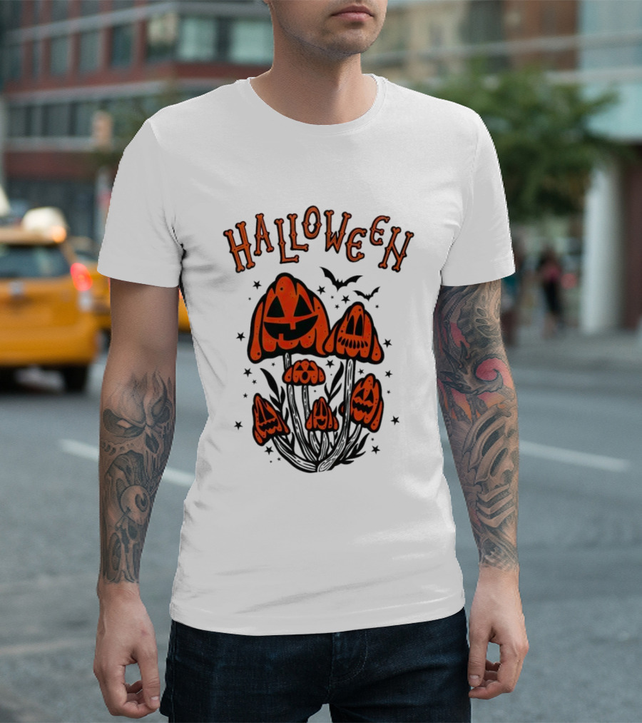 Halloween Pumpkin Mushrooms with Bats and Stars T-Shirt
