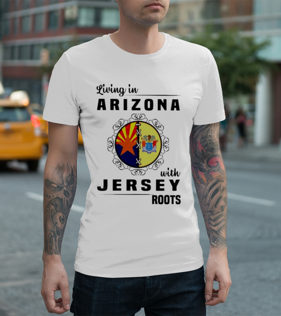 Living In Arizona With Jersey Roots Arizona New Jersey State Flag Circle T-Shirt