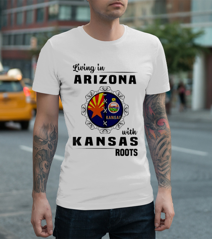 Living in Arizona Embracing Kansas Roots with State Seal Elements T-Shirt