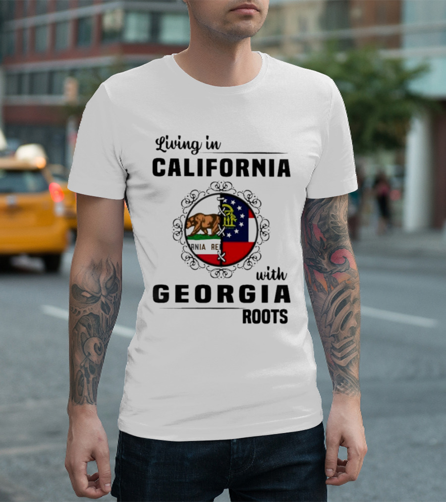 Living in California with Georgia Roots Featuring State Flags and Emblems T-Shirt